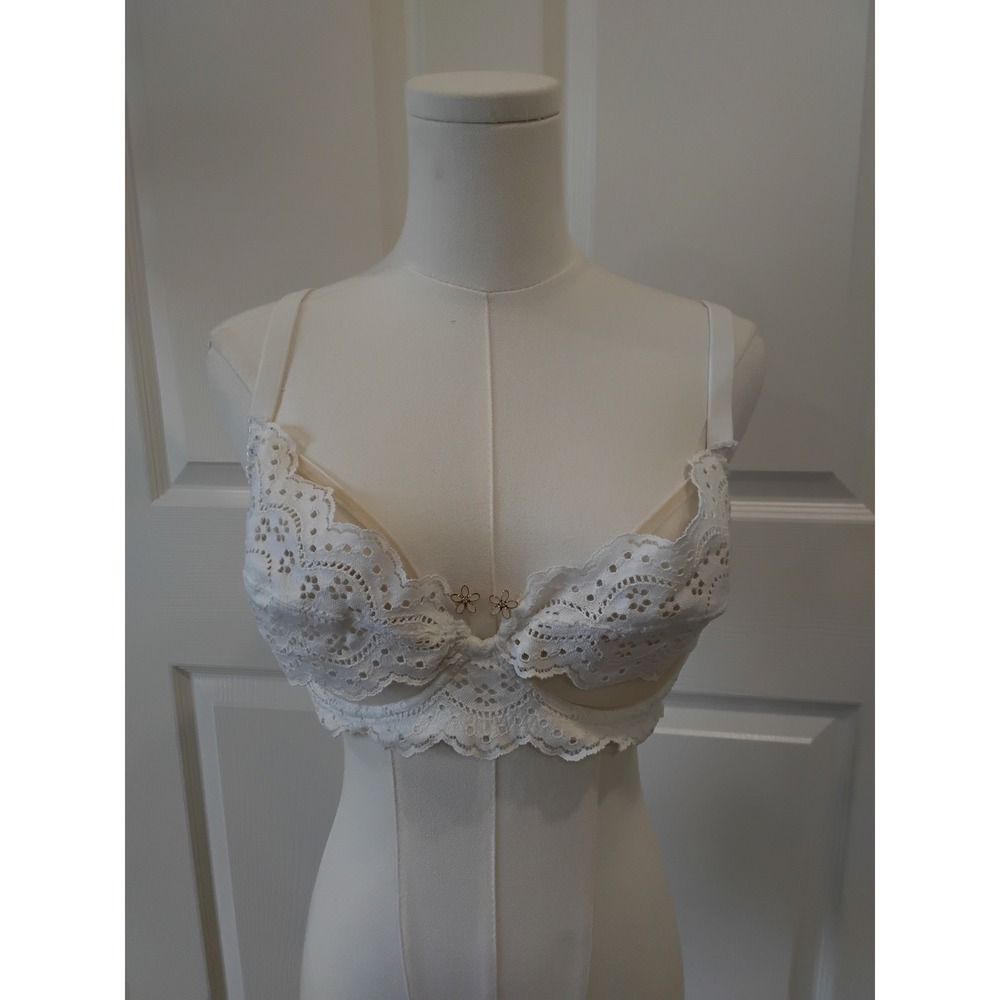 Savage X Fenty White Lace Eyelet Balconette Bra 40D Floral Embroidery Underwire
